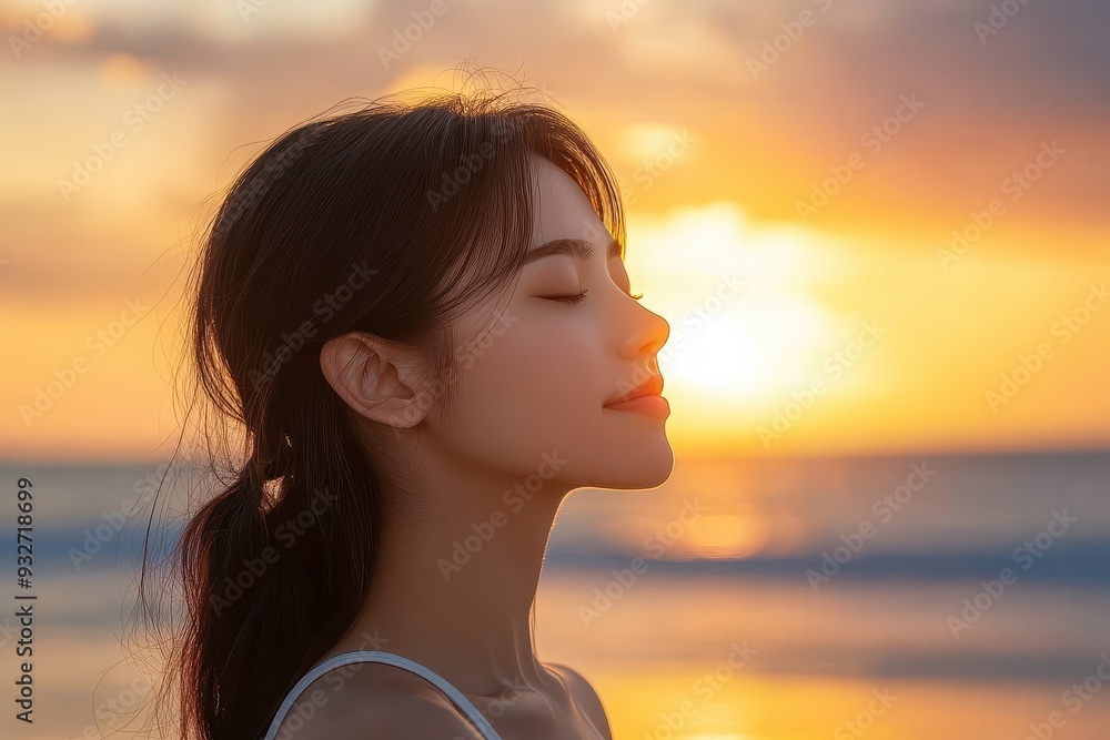 Peaceful Morning Breathwork: Southeast Asian Woman Practicing Mindful Breathing Silhouetted on Beach at Dawn Peaceful Morning Breathwork: Southeast Asian Woman Practicing Mindful Breathing Silhouetted on Beach at Dawn