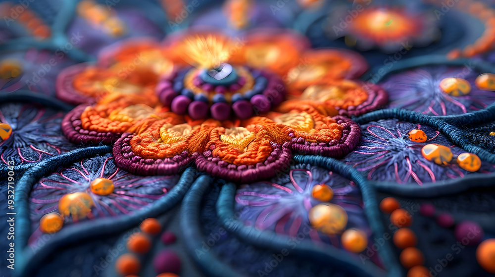 Obraz premium Embroidered Floral Pattern 3D Illustration - Close-up View of Colorful Fabric with Beads