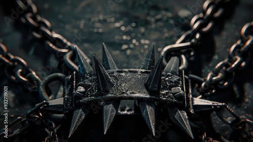 Close-up of a spiky, black metal collar with chains.