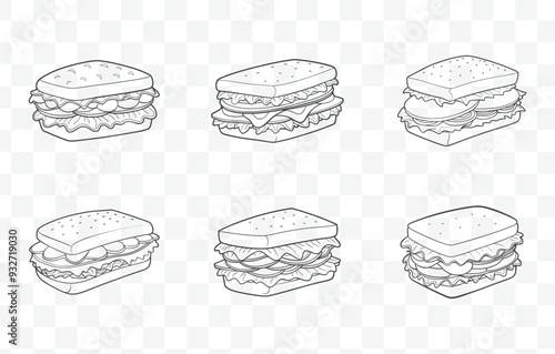 Print Classic BLT Sandwich Line Art Vector Set Featuring Bacon Lettuce Tomato Illustrations and Food Graphics