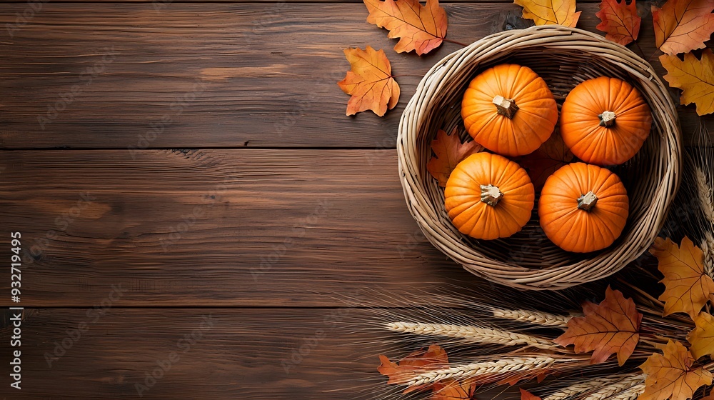 Wheat and pumpkins arranged in a rustic basket, top view, autumn leaves scattered around, warm lighting, natural textures, copy space for text, Wheat and pumpkins arranged in a rustic basket, top view, autumn leaves scattered around, warm lighting, natural textures, copy space for text,
