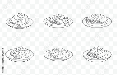 Print Comprehensive Enchiladas Line Art Vector Set Featuring Traditional Mexican Dish Illustrations for Digital and Print Designs