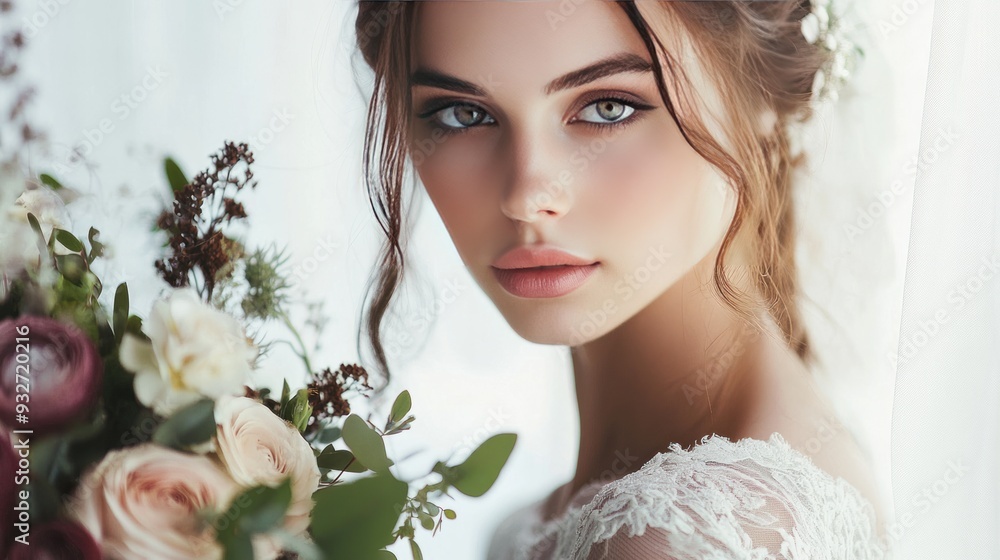 Naklejka premium Stunning Bride with Flower Bouquet