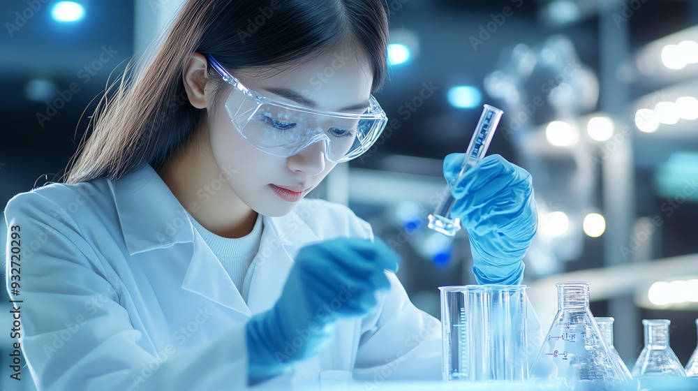A female scientist conducts an experiment in a laboratory, examining a test tube. A female scientist conducts an experiment in a laboratory, examining a test tube.