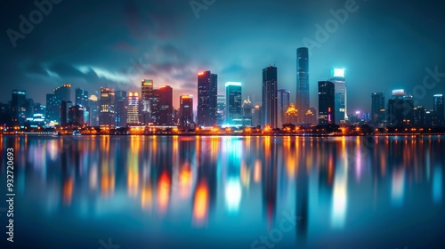 Wallpaper Mural Elegant city skyline with shimmering lights reflecting off a river or lake, capturing the essence of a bustling metropolis during the evening. Torontodigital.ca