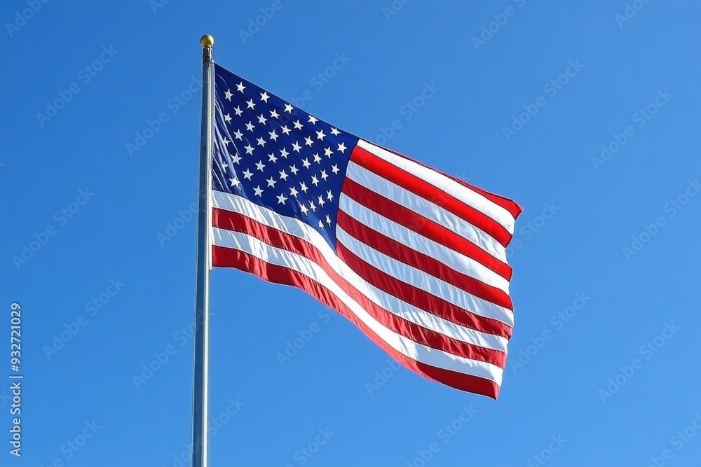 Fototapeta premium Flag Waves: Photograph the American flag waving in the breeze, emphasizing its symbolism and patriotism.