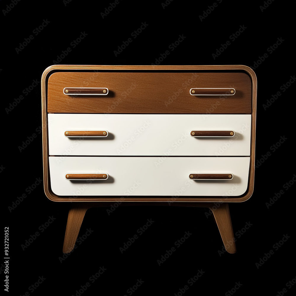 Elegant Retro Chest of Drawers with Three Drawers, Featuring White and Brown Colors, Isolated on Black Background in High Resolution. Elegant Retro Chest of Drawers with Three Drawers, Featuring White and Brown Colors, Isolated on Black Background in High Resolution.
