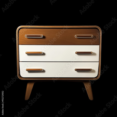 Elegant Retro Chest of Drawers with Three Drawers, Featuring White and Brown Colors, Isolated on Black Background in High Resolution.