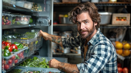 handsome man putting lunchbox in fridge taking out lunch from fridge eating leftovers stop trowing food away reducting food waste