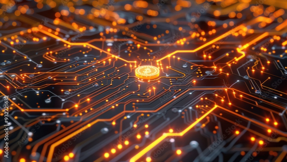 Fototapeta premium Bitcoin on a Circuit Board