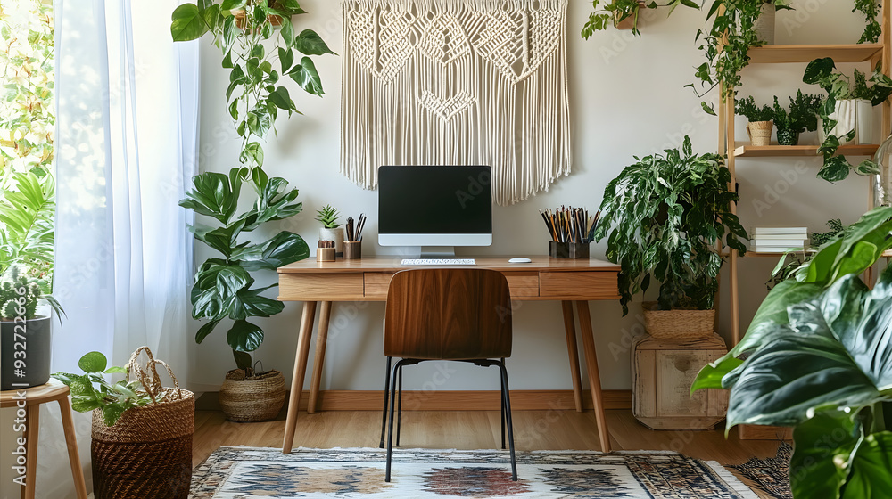 Fototapeta premium A beautifully designed home office features a wooden desk, modern plant arrangements, and a striking macrame wall hanging, creating a serene workspace