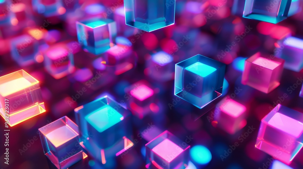 Energetic pattern of floating, neon-lit cubes creating an abstract, futuristic atmosphere against a dark background Energetic pattern of floating, neon-lit cubes creating an abstract, futuristic atmosphere against a dark background