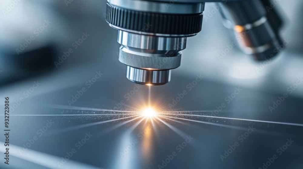 Close-up of a microscope lens focusing on a surface, revealing intricate details and light reflections in a laboratory setting.