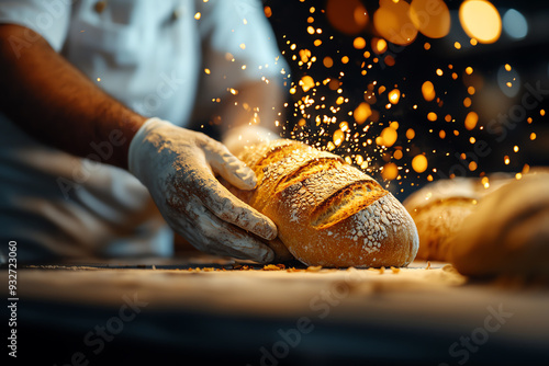 A baker shapes fresh bread, with flour flying in a warm, inviting kitchen ambiance, showcasing the art of bread making. photo