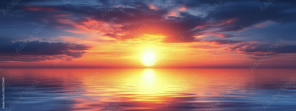 Fototapeta premium Ocean sunset, deep blues and oranges, reflective water, warm light