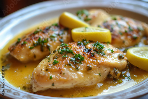 Savory chicken piccata with fresh herbs and lemon photo