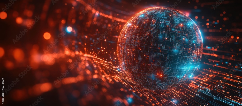 Obraz premium Futuristic Digital Sphere with Glowing Blue and Red Lights in a High-Tech Abstract Background