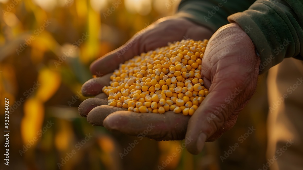 Hands Holding Fresh Corn Kernels in Sunlit Cornfield Hands Holding Fresh Corn Kernels in Sunlit Cornfield