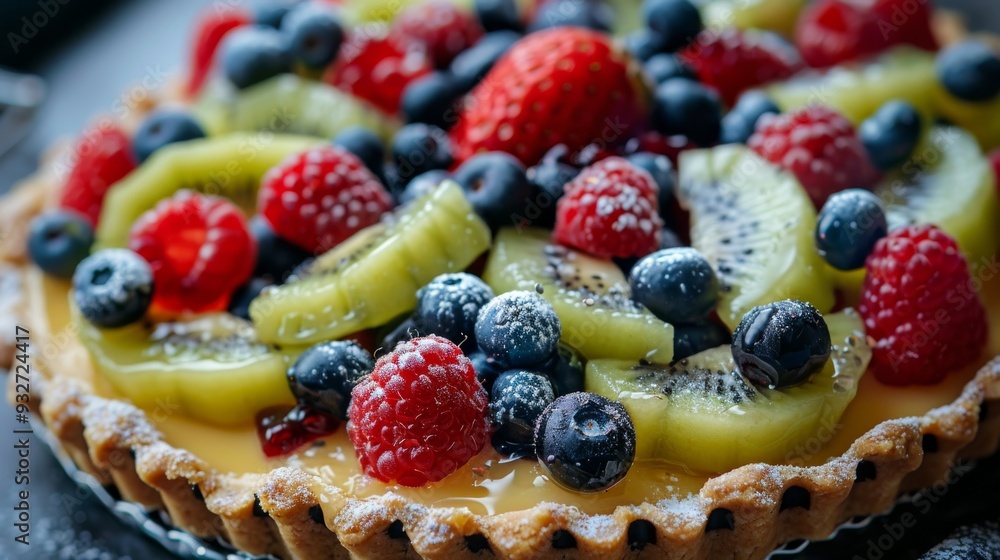 Fresh fruit tart topped with berries and kiwi Fresh fruit tart topped with berries and kiwi