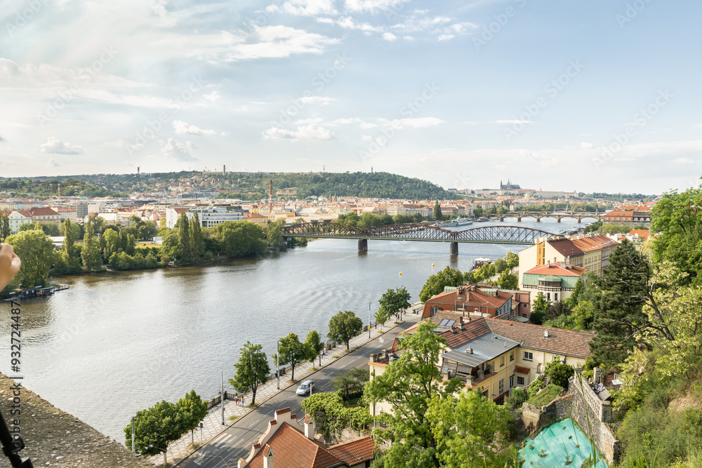 View from the fortified city wall to Vltava river and surrounding historical areas in Vysehrad Prague in Czech Republic View from the fortified city wall to Vltava river and surrounding historical areas in Vysehrad Prague in Czech Republic