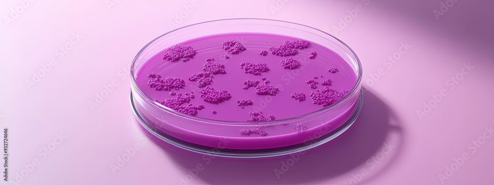 Petri dish with cell cultures, vibrant bacterial colonies, in a sterile environment, bright overhead light Petri dish with cell cultures, vibrant bacterial colonies, in a sterile environment, bright overhead light