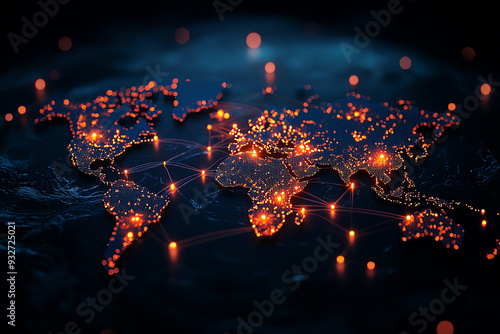 Illuminated world map with glowing connections, symbolizing global communication and networking against a dark background.