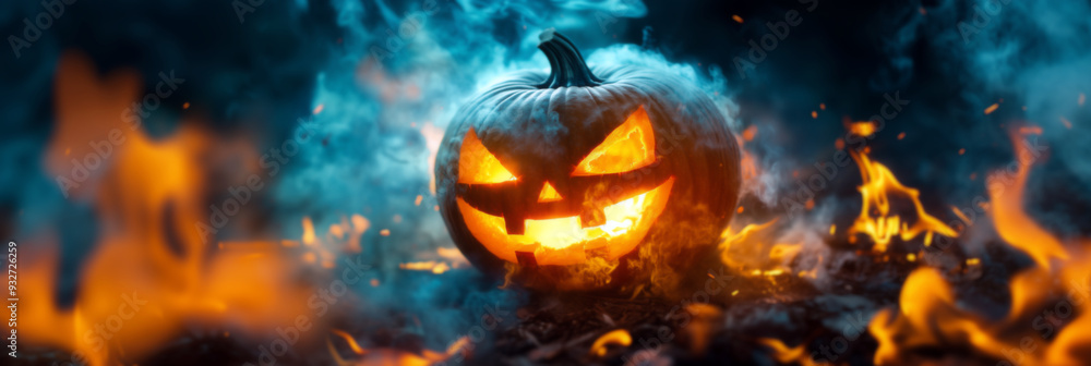 Burning Halloween pumpkin in flames. Horizontal Halloween background with copy space for text and pumpkin lantern Burning Halloween pumpkin in flames. Horizontal Halloween background with copy space for text and pumpkin lantern