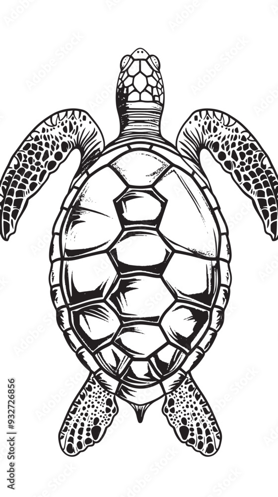 Fototapeta premium Isolated black outline monochrome sea green turtle on white background vector