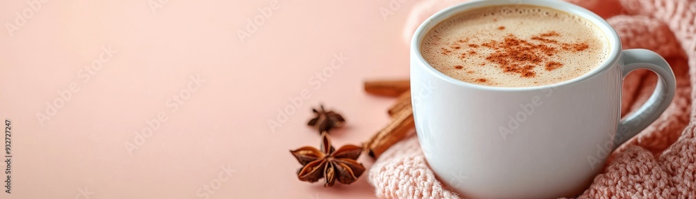Cozy Cup of Spiced Latte with Cinnamon and Star Anise on a Soft Pink Background Cozy Cup of Spiced Latte with Cinnamon and Star Anise on a Soft Pink Background
