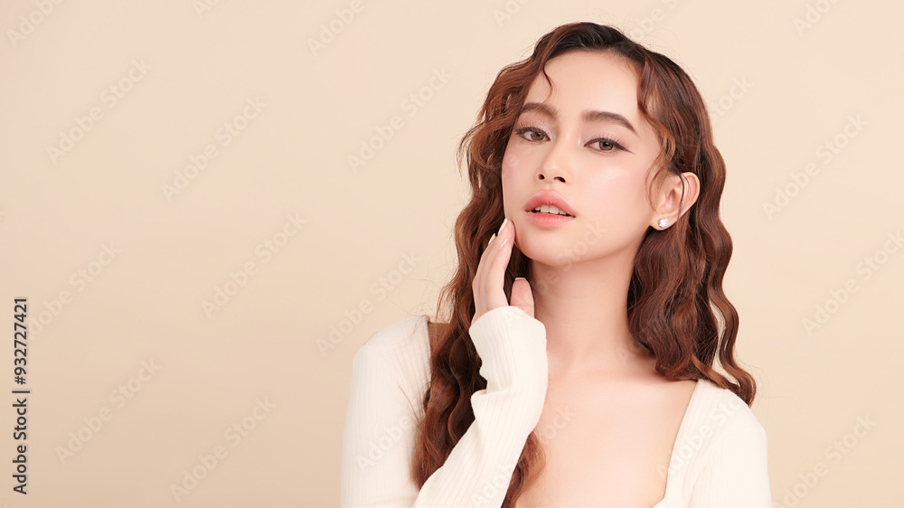 Beautiful young asian woman with clean fresh skin on beige background, Face care, Facial treatment, Cosmetology, beauty and spa, Asian women portrait. Beautiful young asian woman with clean fresh skin on beige background, Face care, Facial treatment, Cosmetology, beauty and spa, Asian women portrait.