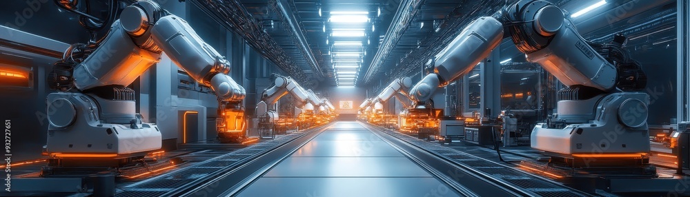 Advanced Robotic Assembly Line in a High-Tech Industrial Factory with Automated Machinery Advanced Robotic Assembly Line in a High-Tech Industrial Factory with Automated Machinery