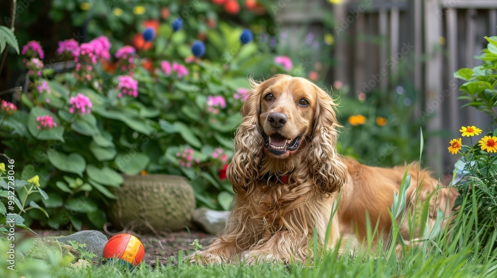 Obraz premium Happy Cocker Spaniel dog playing with a colorful ball in a lush backyard, surrounded by blooming flowers and greenery