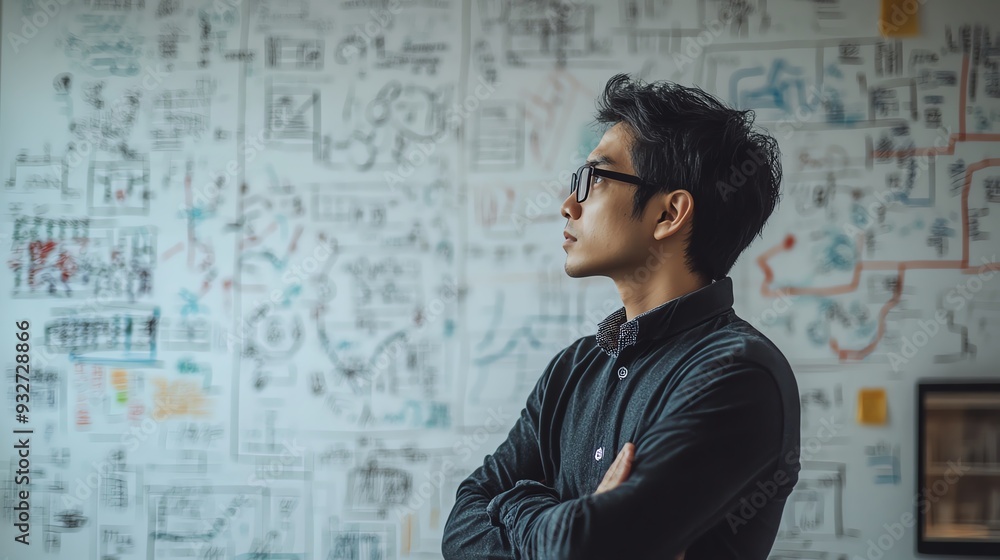 Young man thinking in front of whiteboard filled with notes.