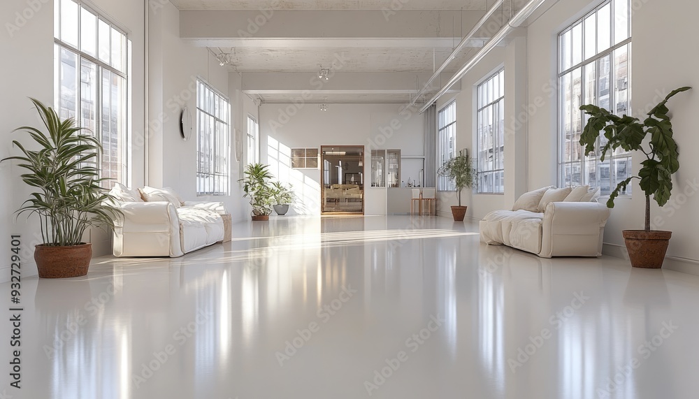 Fototapeta premium White minimalist living room with sunlight. Perfect for showcasing modern furniture, clean lines and spacious living.