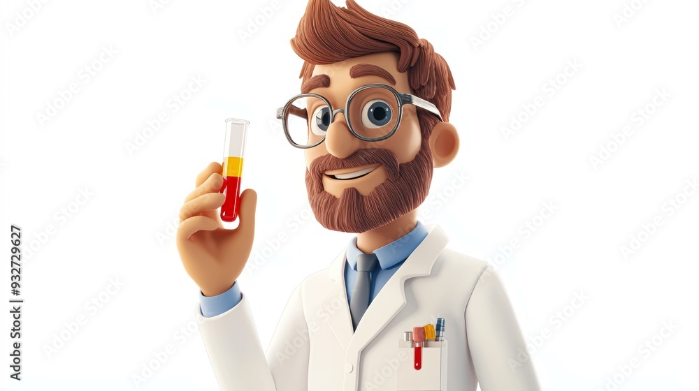 A 3D cartoon scientist in a white lab coat holds a colorful test tube, smiling, suitable for scientific research, education, and laboratory-themed content, A 3D cartoon scientist in a white lab coat holds a colorful test tube, smiling, suitable for scientific research, education, and laboratory-themed content,