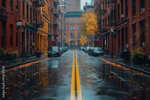 Wet city street with parked cars and brick buildings. This photo captures the beauty of a city street after a rain shower with the reflection of buildings and trees in the wet asphalt.