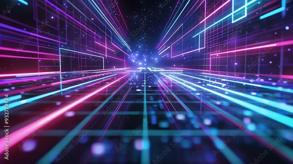 Futuristic Neon Grid Landscape. Technology and Innovation concept Futuristic Neon Grid Landscape. Technology and Innovation concept