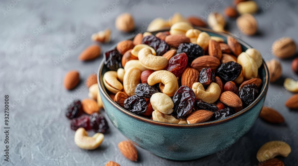 Mixed nuts and dried fruits in a bowl Close-up photo with clean background Mixed nuts and dried fruits in a bowl Close-up photo with clean background
