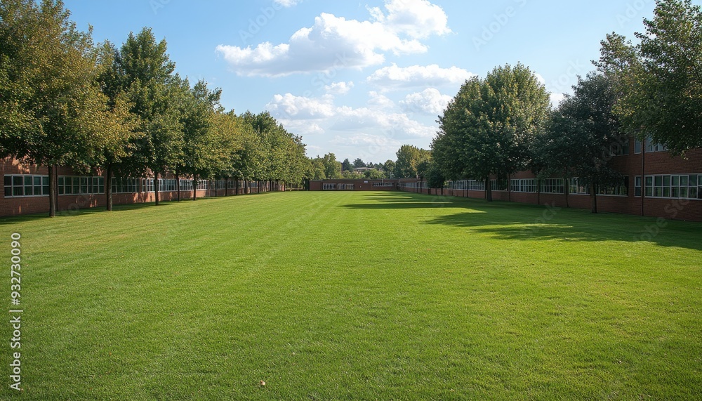 Green grass lawn with trees and building. This picture can be used for concepts of education, outdoors, or nature. Green grass lawn with trees and building. This picture can be used for concepts of education, outdoors, or nature.
