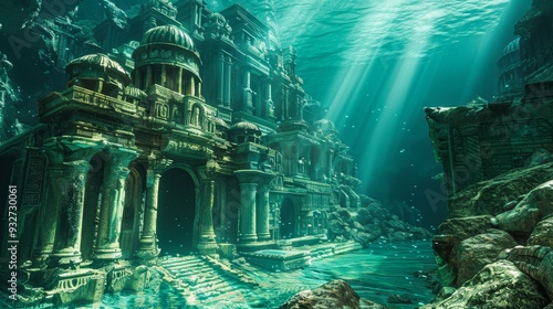 Sunbeams filter through the water illuminating an ancient, submerged city with grand, columned structures and intricate carvings, perfect for articles or media relating to mythology photo