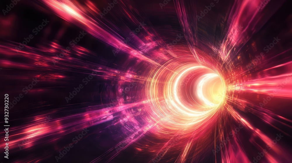 Obraz premium Digital visualization of quantum tunneling with dynamic shadows and light beams creating a sense of movement through space.