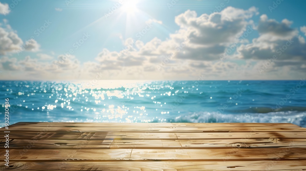 Wood table top on blur sparkling sea water and summer sky background. Wood table top on blur sparkling sea water and summer sky background.