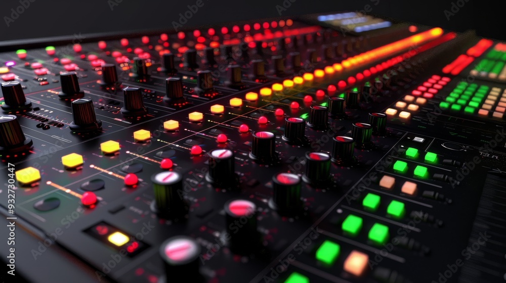 Mixing console with illuminated controls and smooth surface with clean background Mixing console with illuminated controls and smooth surface with clean background