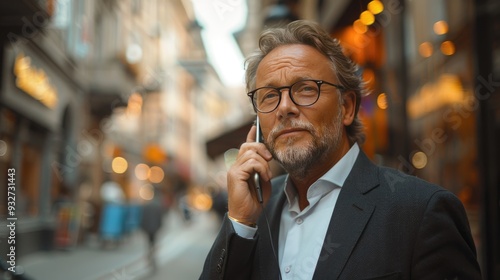 portrait of mature businessman making phone call standing,city street in front of office building handsome man,glasses in suit