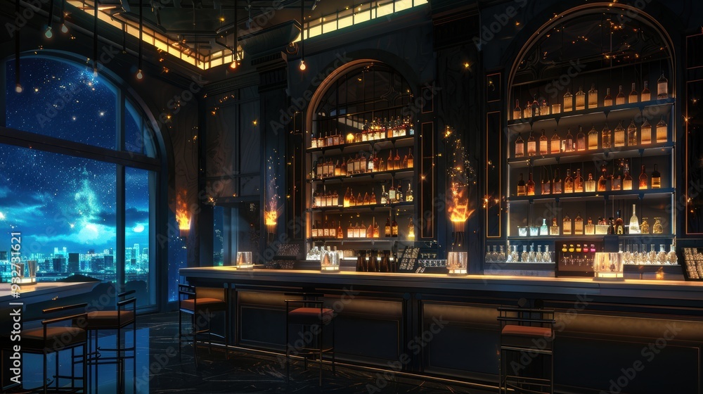 Guests enjoy the luxurious atmosphere of a modern five-star bar featuring exquisite drinks and a breathtaking city skyline Guests enjoy the luxurious atmosphere of a modern five-star bar featuring exquisite drinks and a breathtaking city skyline