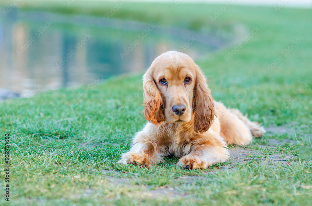 A dog is laying on the grass in a park. The dog is brown and has a cute face A dog is laying on the grass in a park. The dog is brown and has a cute face