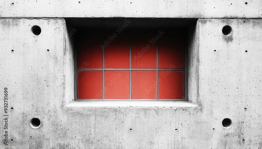 Naklejka premium A window in a concrete wall. The window is framed in black and has red glass, which is a unique and interesting feature.