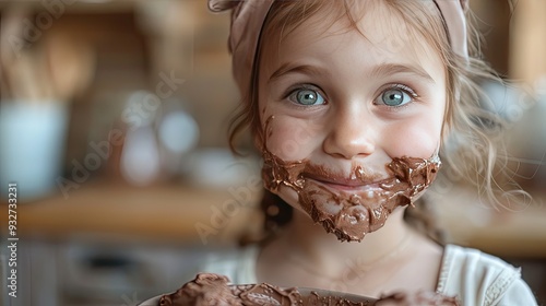 small girl,dirty mouth indoors in kitchen at home eating pudding