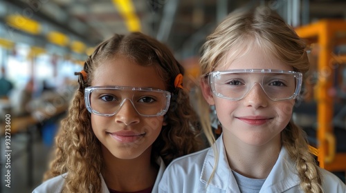 two classmates standing in robotic laboratory wearing lab coats,safety eyeglasses after school robotics club children learning robotics in elementary school photo