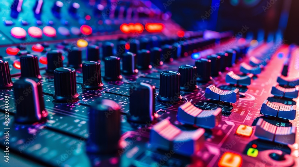 Fototapeta premium Professional mixing console with focused faders and controls with clean background